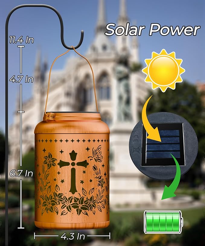 Solar Lanterns Outdoor Waterproof Decorative Garden Solar Lights Outdoor,Hanging Hollow Out Metal Ornaments Decor for Outside Lawn,Patio,Balcony,Yard Unique Gifts for Women Christian Cross