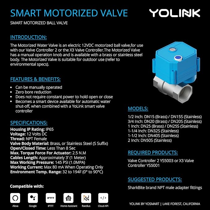 YoLink Wireless Smart Valve Control Kit, NSF Certified 3/4" Stainless Steel Motorized Valve, Wireless Controller 2, LoRa Long Range, D2D Offline with Leak Sensors, 2 Years Battery Backup