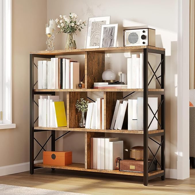 YITAHOME 4 Tier Bookshelf, Free Standing Cube Bookcases and Bookshelves, Industrial Furniture Wide Display Cabinet Open Storage Book Shelf for Living Room Bedroom Home Office, Rustic Brown