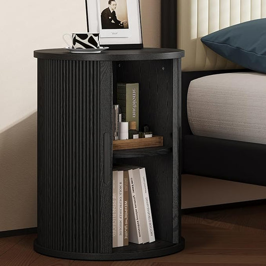 LINSY HOME Round End Table, Fluted Side Table with Sliding Tambour Door and Storage Shelf, Mid Century Modern Circular Nightstand for Bedroom, Wood Boho Tall Bedside Cabinet for Small Space, Black