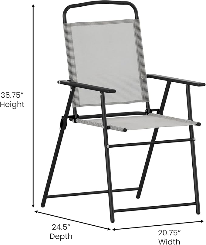 Flash Furniture Mystic Folding Patio Sling Chairs, Outdoor Textilene Lawn Chairs with Armrests, Set of 2, Gray
