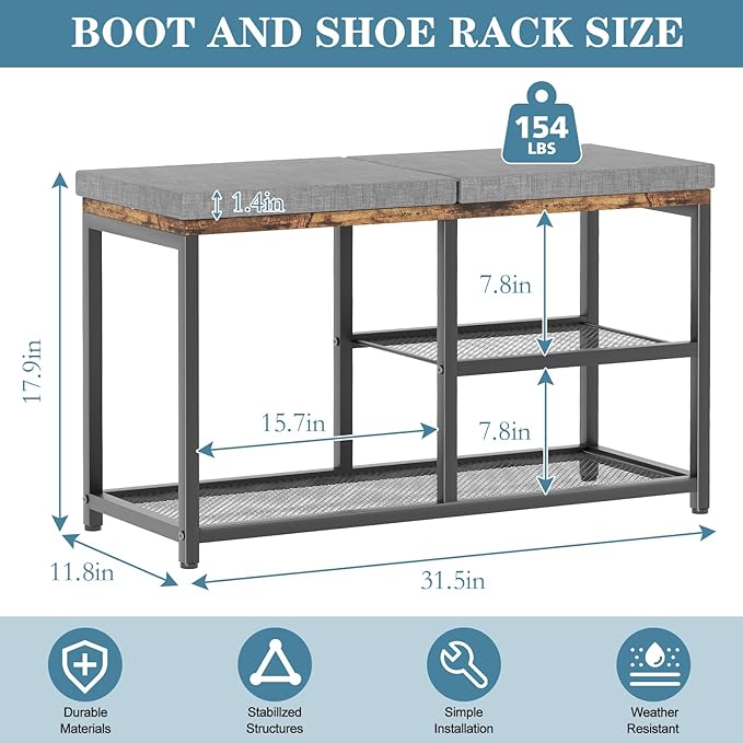 Shoe Rack for Entryway, Freestanding Hidden Shoe Storage Organizer, Boot Shoe Bench Shelves for High Heels with Seat cushion, Narrow Wood Shoe Rack for Entrance Closet, Hallway, 3 Tier (Brown + Gray)