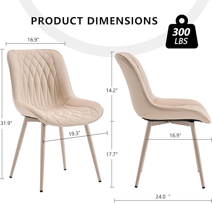 YOUNIKE Cream Faux Leather Dining Chairs Set of 2 Mid-Century Modern High Padded Back Comfy Upholstered Kitchen Chairs with Metal Legs Wide Seat Accent Side Chair for Dining/Living/Waiting Room