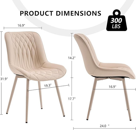 YOUNIKE Cream Faux Leather Dining Chairs Set of 2 Mid-Century Modern High Padded Back Comfy Upholstered Kitchen Chairs with Metal Legs Wide Seat Accent Side Chair for Dining/Living/Waiting Room