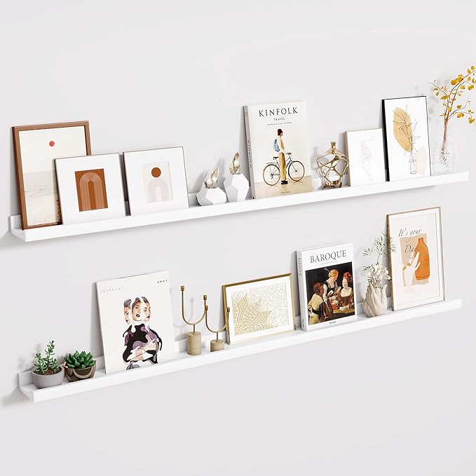 Fun Memories Long Wall Shelves Set of 2-60 Inch Floating Shelves for Wall - Picture Ledge Shelf with Lip for Storage - Wall - Mounted Shelves for Bedroom - Living Room - Kitchen - White Color