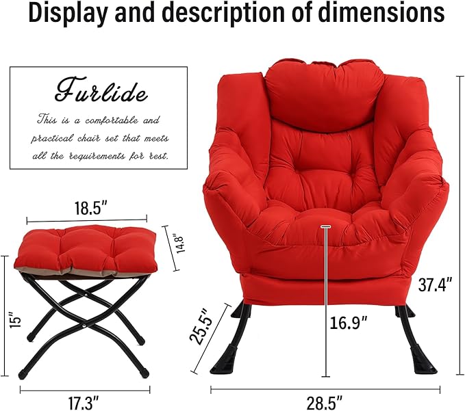 Lazy Chair with Ottoman, Modern Chair with Folding Footrest, Red Accent Chair, Comfortable Reading Chair, Oversized Armchairs for Bedroom, Study, Living Room, Courtyard