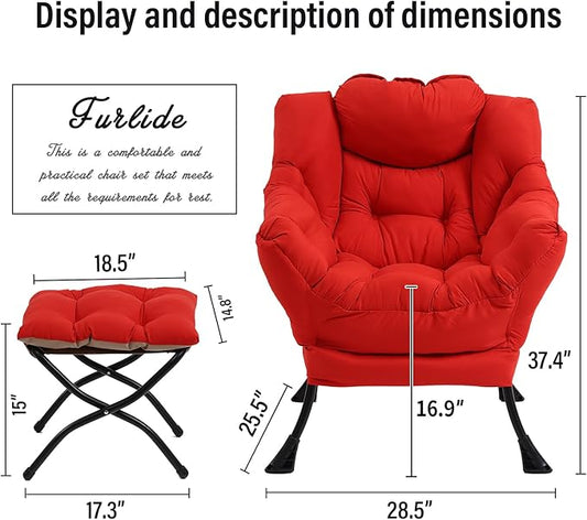 Lazy Chair with Ottoman, Modern Chair with Folding Footrest, Red Accent Chair, Comfortable Reading Chair, Oversized Armchairs for Bedroom, Study, Living Room, Courtyard