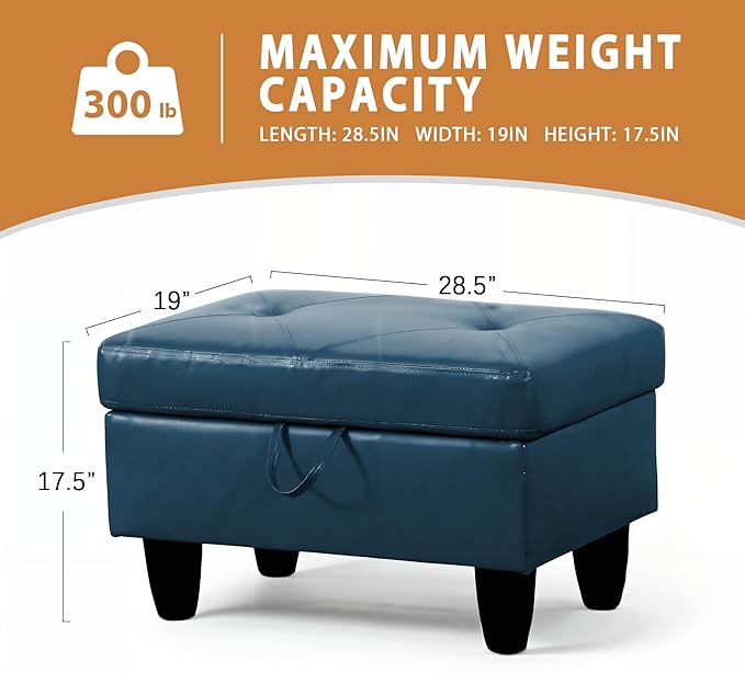 Ottoman Rectangular Storage Ottoman Bench, Faux Leather Footrest, Coffee Table, Stool Footstool with Hinged Lid for Living Room, Bedroom, Entryway, Navy Blue, 28.5"x19"x17.5"