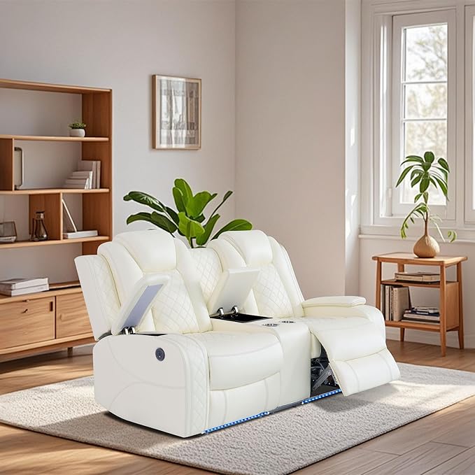 Breathing Leather Power Reclining Loveseat, Living Room Furniture with 2 Recliners, 2-Seater Leather Couch with Storage Console/Cup Holders for Home/Office (Creamy White, Loveseat)