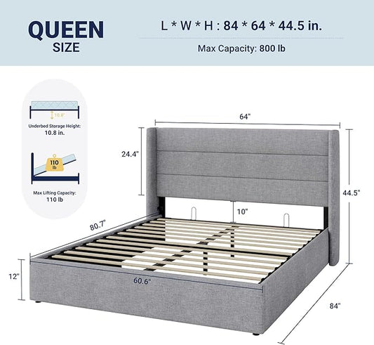 Allewie Queen Size Lift Up Storage Bed, Modern Wingback Headboard, Hydraulic Support, No Box Spring Needed, Light Grey