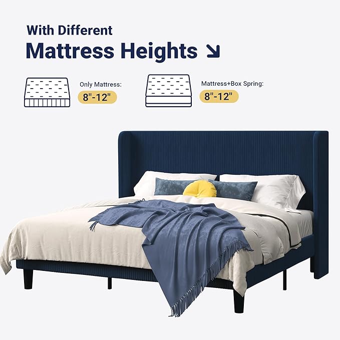 SHA CERLIN King Size Corduroy Upholstered Platform Bed Frame with Vertical Channel Tufted Wingback Headboard, 8" Under Bed Storage, Wooden Slats & Metal Frame Support, Easy Assembly, Dark Blue