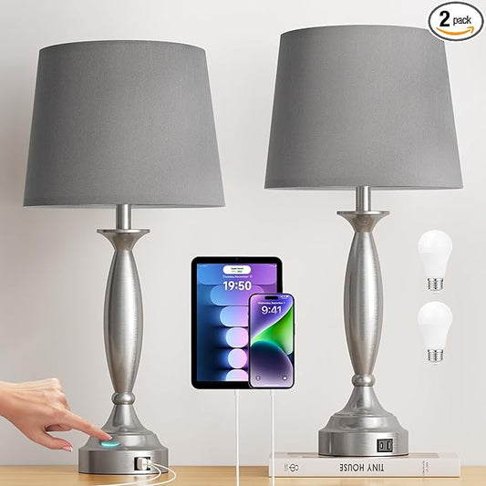 25.5" Lamps for Bedrooms Set of 2 - Touch Bedside Lamp with USB C+A, 3 Way Dimmable Nightstand Lamps with USB Port, Brushed Nickel Table Lamp for Living Room Bed Side End Table（bulbs included）