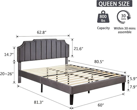 VECELO Queen Bed Frame Upholstered Platform with Tufted Adjustable Headboard/Mattress Foundation/Wood Slat Support,Easy Assembly,Dark Grey