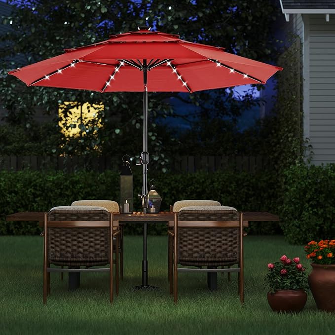 DUMOS 10FT 3 Tier Patio Umbrella with 32 LED Lights, 8 Ribs Outdoor Table Umbrella with Crank, Waterproof Market Umbrella for Pool, Beach, Terrace and Outdoor Restaurant, Red