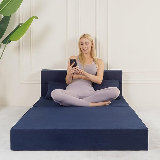 Fvkind Folding Sofa Bed, 4 in 1 Convertible Sleeper Sofa Bed Chair with Pillow, Twin Memory Foam Loveseat Futon Sleeper Chair, Foldable Futon Couch for Living Room, Bedroom, Guest Room, Blue