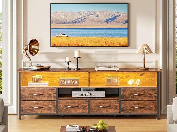 Furologee TV Stand for Bedroom, 63 Inch Entertainment Center for 65 70 Inch TVs, 6 Drawers Dresser with Power Outlets and LED Lights, Media Console for Living Room, Rustic Brown