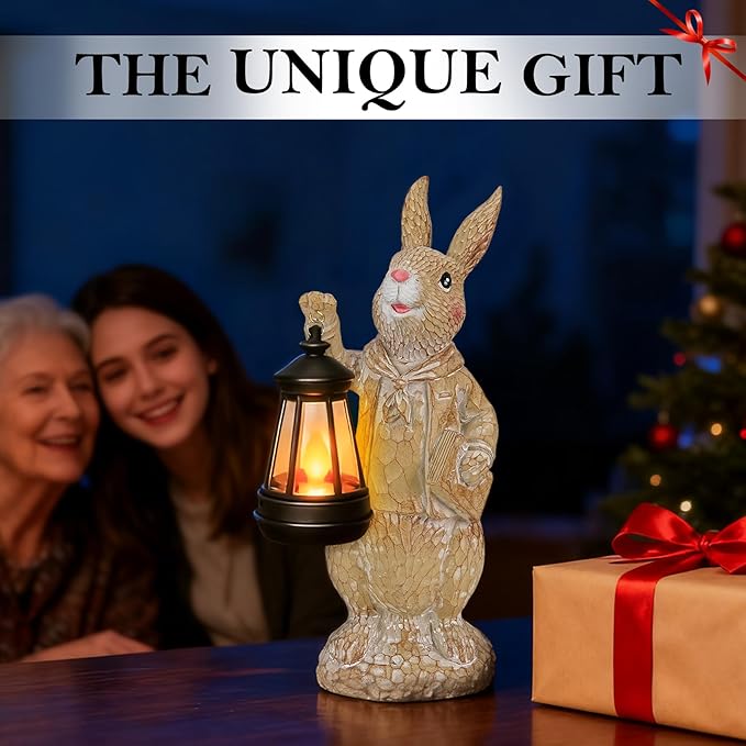 Dr. Bunny Solar Garden Statue, Easter Rabbit Figurine with Glowing Lantern, Handcrafted Resin Outdoor Decor for Patio, Balcony, Yard, Gift for Women, Housewarming, Birthday, Easter Party Decoration