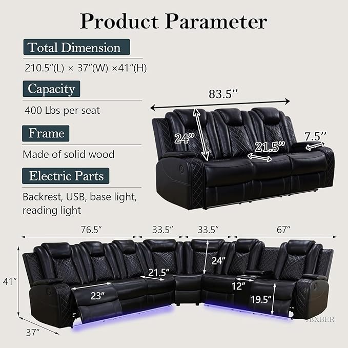 Power Recliner Sectional Sofa Set, Black Leather Sectional Couch and 3 Seater Sofa for Living Room, L Shape Reclining Sofa with Cup Holder, Hidden Storage, Coffee Table for House(9 Seat)