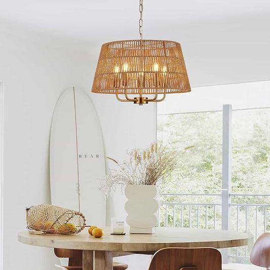19.7" Boho Rattan Chandelier Vintage Farmhouse 5-Lights Hand-Woven Bamboo Golden Chandelier Light Fixture Retro Drum Wicker Gold Chandeliers for Dining Room, Kitchen, Living Room, Bedroom
