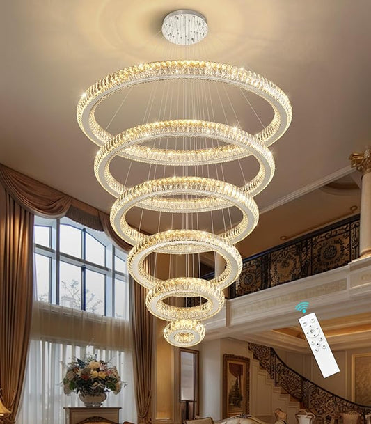Modern Chandelier 8"+16"+24"+32"+40"+47" 6 Rings Crystal LED Dimmable Lighting Foyer Entryway High Ceiling Living Room Chanderliers Pendant Lights Fixtures Silver Light
