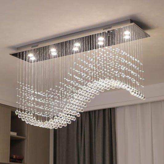 Siljoy Modern Crystal Chandelier, 12-Light Luxury Large Rectangle Wave Raindrop Chandelier, Rectangular Flush Mount Crystal Ceiling Light for Dining Room Kitchen Island L47'' x W11.8'' x H40''
