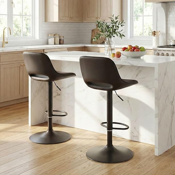 YOUNIKE Bar Stools Set of 2, Heigeht Adjustable Swivel Barstools, Counter Height Bar Stools Faux Leather Upholstered Counter Stools with Hollow Back for Kitchen Island, All Brown