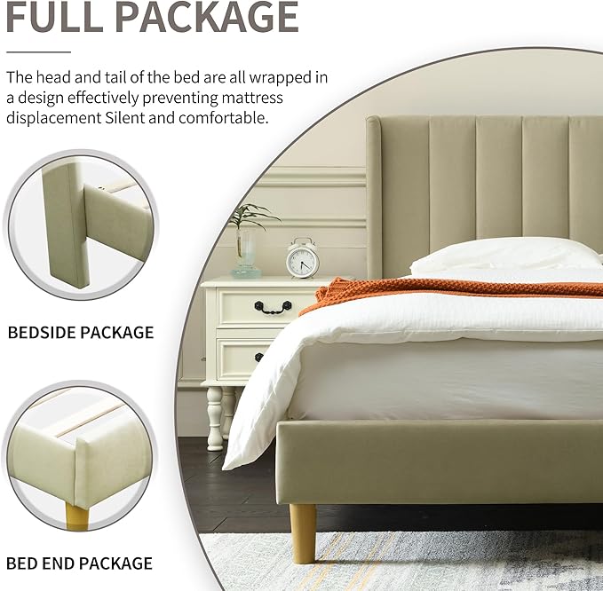 YUHUASHI upholstered Platform Bed Frame/King Bed Frame/Modern Geometric Double-Wing Design headboard/Linen Fabric/Easy to Assemble no Noise (Beige, King (U.S. Standard))