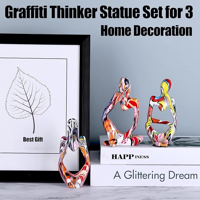Graffiti Thinker Statue Decor for TV Stand, Shelf, Desk, or Coffee Table - Set of 3 Resin Figurines for Living Room Decorative Objects, Modern Sculpture, Minimalist Bookcase Decor