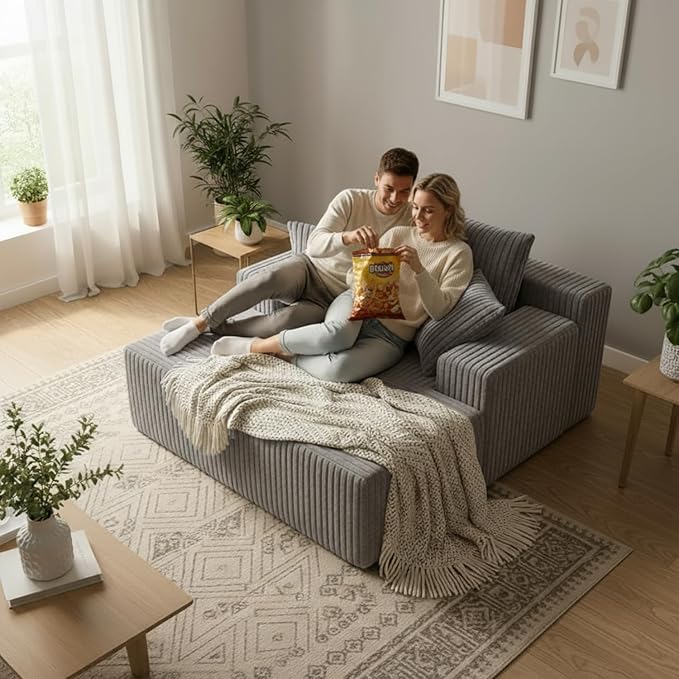 Sytopia Chaise Lounge with Armrests, Oversized Sofa Bed with 3 Pillows, Cozy Couch, Sleeper Reading Chair for Living Room Bedroom, Floor Sofa Corduroy, Furniture Sala, Urban Grey
