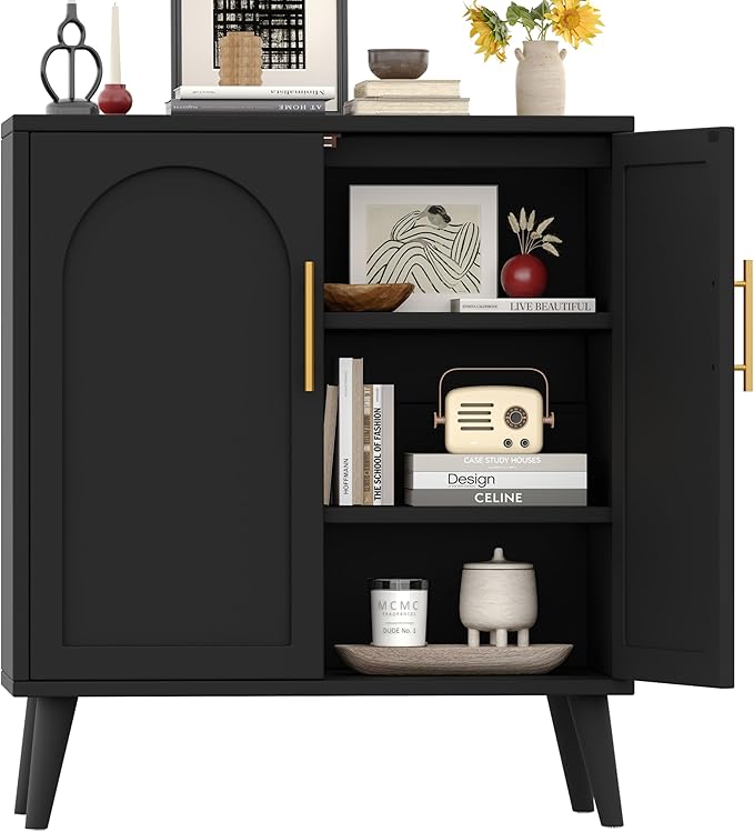 15.7" D Black Buffet Cabinet with Storage, Boho Buffet Sideboard with Adjustable Shelf and Solid Wood Legs, Accent Floor Storage Cabinet for Kitchen, Living Room, Natural