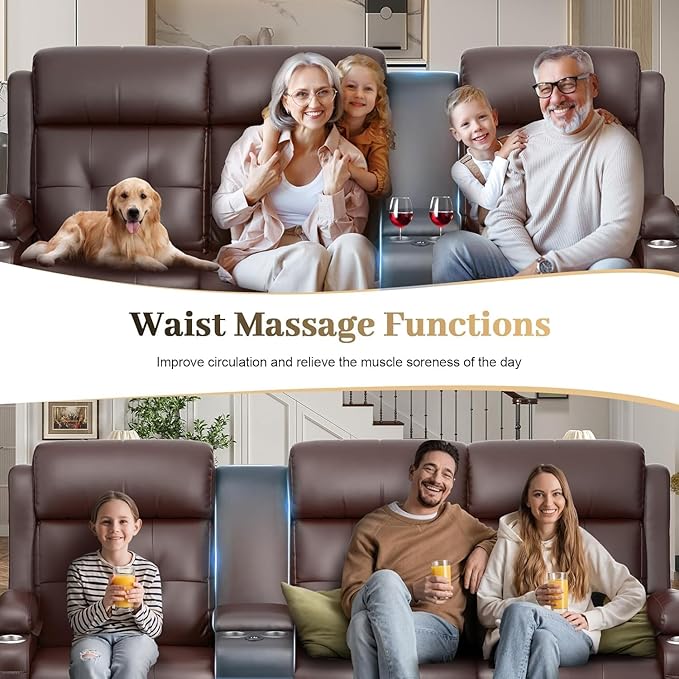 Recliner Sofa, Massage Reclining Sofa 3 Seater Sets Heavy Weight Capacity, RV Loveseat Couch Clearance with Console, USB, Type C Port, Storage, Cup Holders, Wall Hugger Chair for Living Room