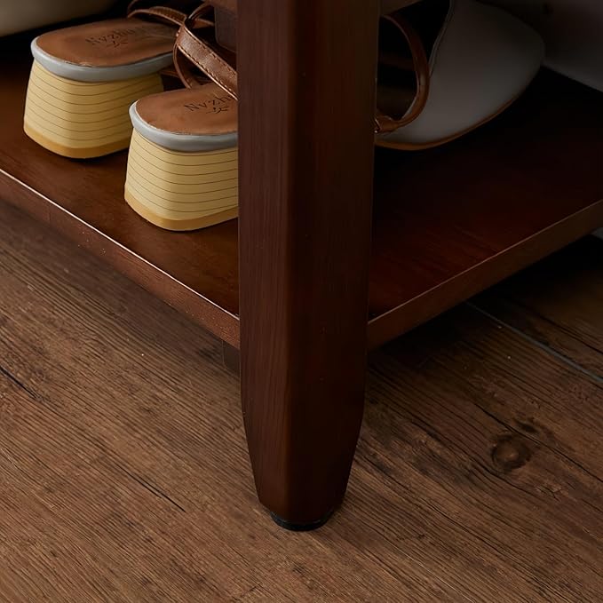 Shoe Bench Storage with Leather Cushion, Rustic Solid Wood Entryway Bench with 2 Height-Adjustable and Removable Shelves for Hallway, Living Room, Mudrooms (Dark Brown,47.2")