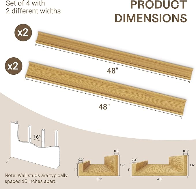 Fun Memories Picture Ledge Shelves Set of 4-48 Inch Shelves with Lip - Large Nursery Bookshelf for Storage - Floating Shelf Wall Mounted for Living Room - Bedroom -Kitchen - Oak Color