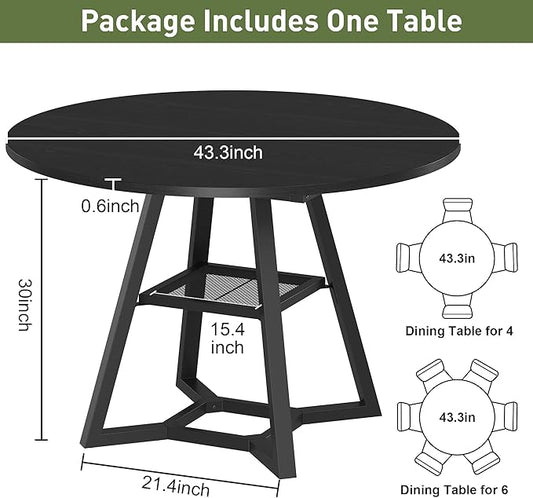 Round Dining Table for 4-6 with Storage Shelf, Kitchen & Dining Room Circle Pedestal Table, Heavy Duty Metal Frame & Wood Top