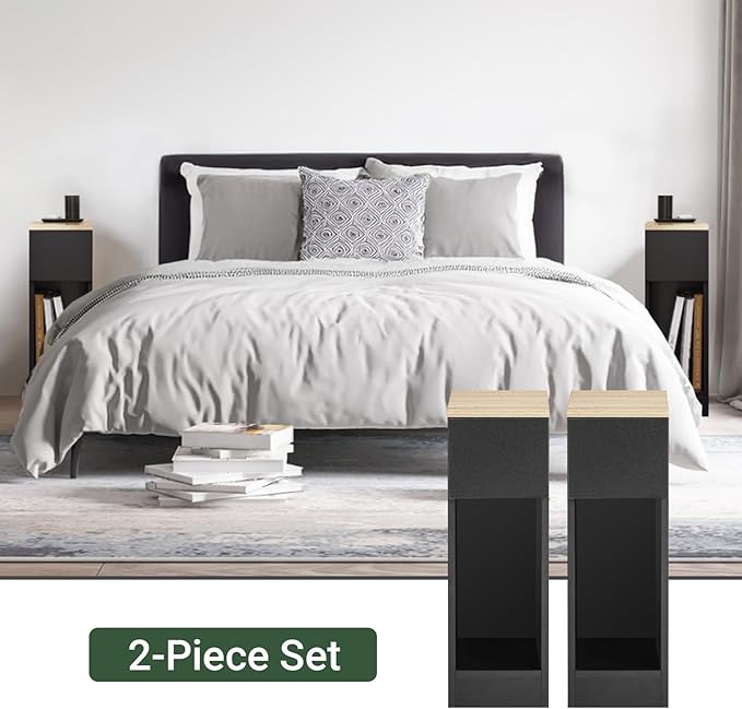 SoBuy Narrow NightStand Set of 2 – Slim Black Bedside Tables with Drawer & Shelf, Compact End Table for Small Bedroom, Couch, Entryway – Skinny Night Stand Set 2 for Storage FBT111-SCHX2