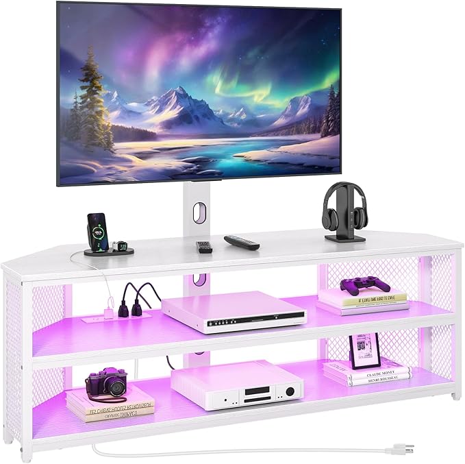 Rolanstar TV Stand with Mount and Power Outlet, Swivel TV Stand with LED Lights for 32/45/55/60/65/70 inch TVs, White Entertainment Center Media Console with Height Adjustable Mount