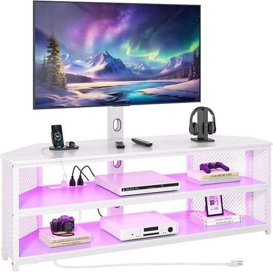 Rolanstar TV Stand with Mount and Power Outlet, Swivel TV Stand with LED Lights for 32/45/55/60/65/70 inch TVs, White Entertainment Center Media Console with Height Adjustable Mount