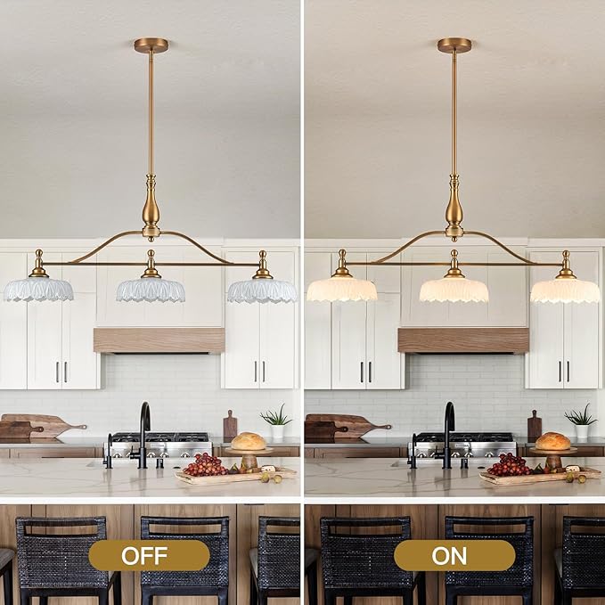 HDDFL Chandeliers Pendant Light Fixture Vintage Pendant Lighting Fixtures 3 Lights Chandelier Kitchen Glass Hanging Lamp for Island Dining Living Room Brass and White