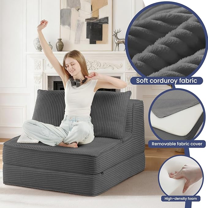 Folding Sofa Bed, Convertible Sleeper Chair with Pillow,Corduroy Comfy Floor Futon for Living Room Bedroom,Modern Accent Reading Chair,No Assembly Required,Grey