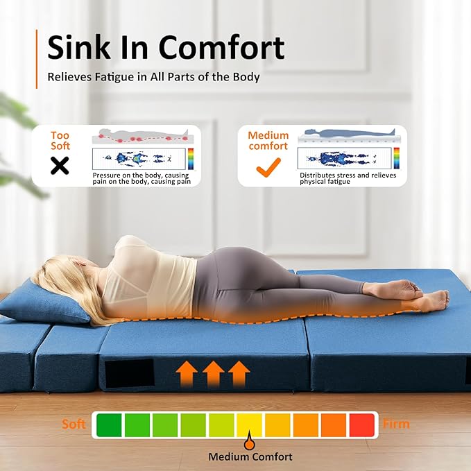 JKMAX Twin Size Folding Sofa Bed - 4 in 1 Foldable Couch with Pillow - High Density Memory Foam Sleeper Chair - Convertible Fold Out Bed with Washable Modern Linen Cover for Home Office (Blue)