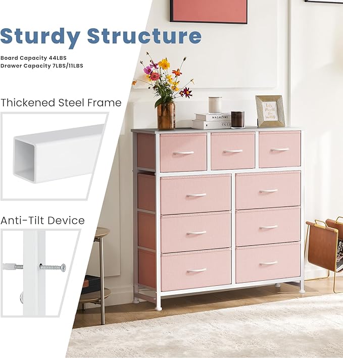 DUMOS 9 Drawer Dresser for Bedroom, Fabric Storage Organizer with Sturdy Metal Frame, Wooden Top Chest of Drawers for Closet Entryway Guest Room,Pink