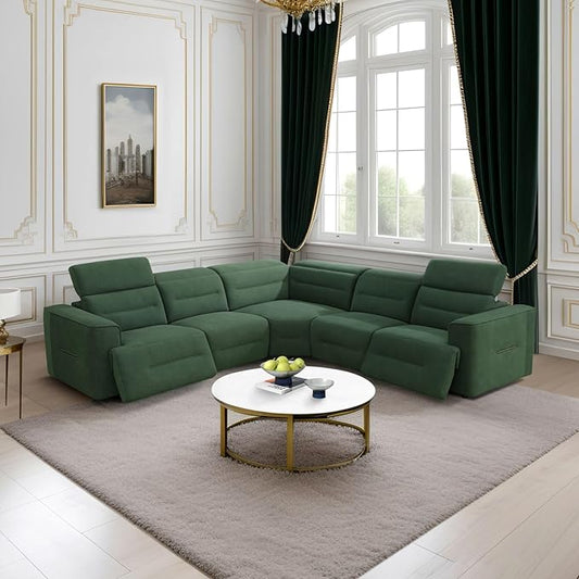 Power Recliner Sectional Sofa, L-Shaped Living Room Furniture Set, Flannel Sectional Sofa, Reclining Sectional Couch for Living Room/House/Apt (Green, 5 Seater)