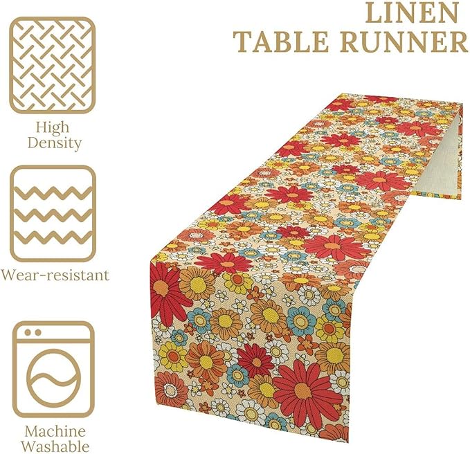 Hippie Floral Table Runner Groovy 1970s Vintage Colorful Rural Flower Retro Floral Printed Table Runner for Living Room Kitchen Dining Table Decoration 13x60in