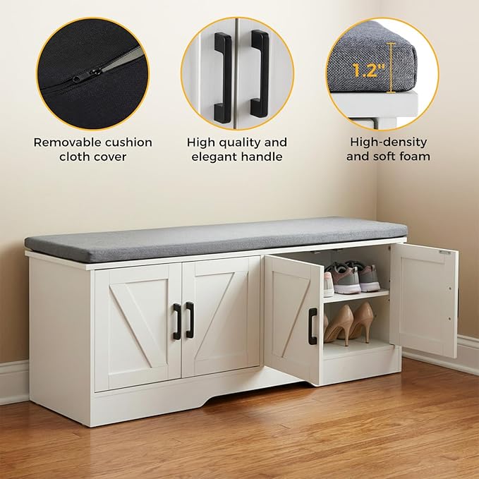 NEWBULIG 2-Tier Storage Bench, 28" Wide Shoe Bench with Padded Seat Cushion, Entryway Bench with 4 Barn Doors and Adjustable Shelf, White