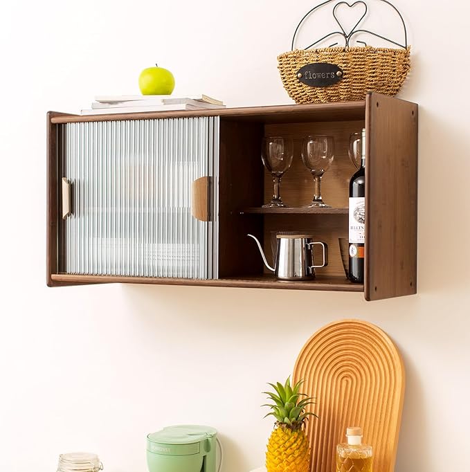 HollyHOME Small Bamboo Wall Mounted Kitchen Pantry Sideboard with 2 Doors and Adjustable Shelves, Coffee Wine Bar Storage Cabinet for Liquor and Glasses, Dining Cupboard for Bottle, Dish, Walnut
