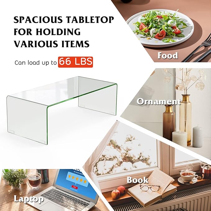 ReunionG Glass Coffee Table, Modern Clear Coffee Table with Rounded Edges, Transparent Tempered Glass Coffee Table, U-Shaped Side Table for Living Room Office, 42.5" x 20" x 14" (L x W x H)