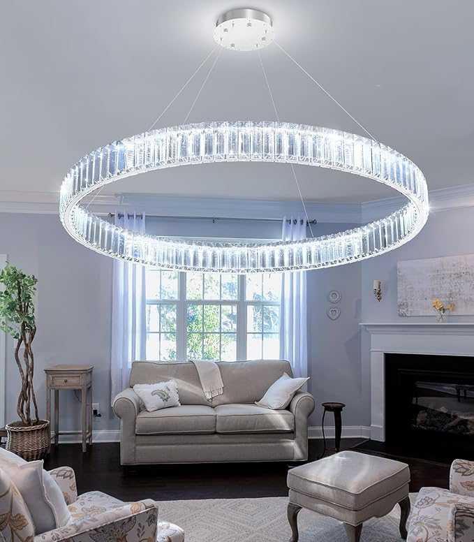 32'' Modern Ring Chandelier Crystal Chandeliers for Dining Room Round LED Dimmable Ceiling Light Fixture for Living Room Bedroom Lighting Silver