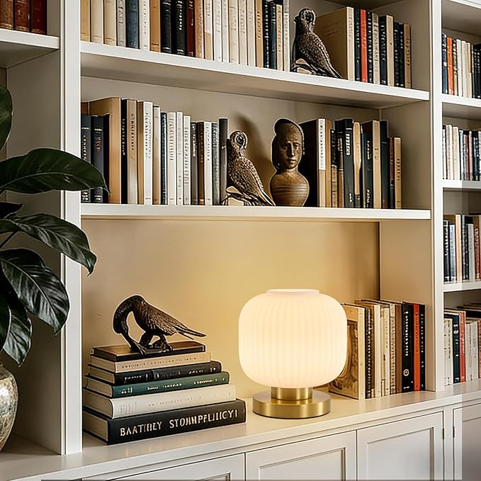 Globe Glass Mid Century Lamp: 7.9" Dimmable Milky White Brass Small Plug in Table Lamps - Vintage Cute Bedroom Ambient Bedside Nightstand Lamp - Modern Entryway Desk Shelf Gold Decorative Ribbed Lamps