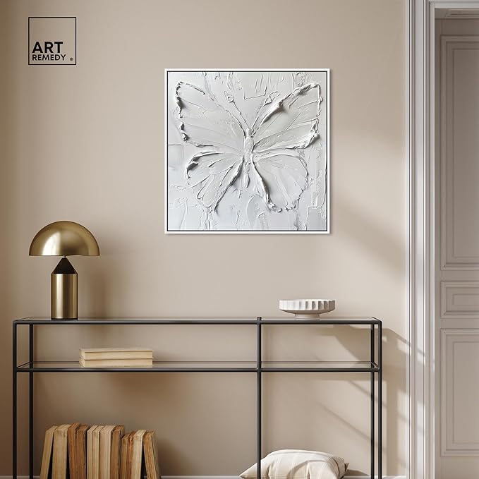 Art Remedy White Butterfly Canvas Elegant White Gold Wall Art, White Frame, 24" x 24"