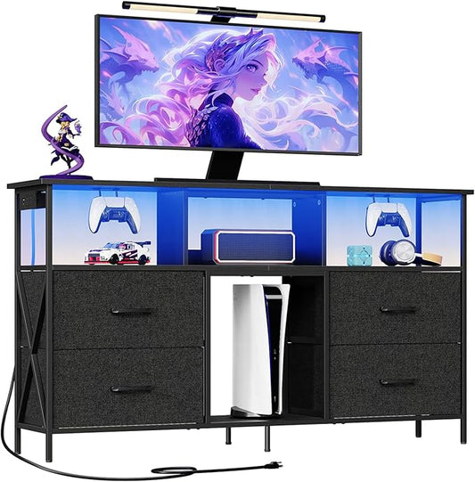 Dresser TV Stand, Entertainment Center with Power Outlets and LED Light, Media Console Table with Drawers and Open Shelves, Chest of Drawers for 60'' TV, for Living Room, Black TVBK140E01